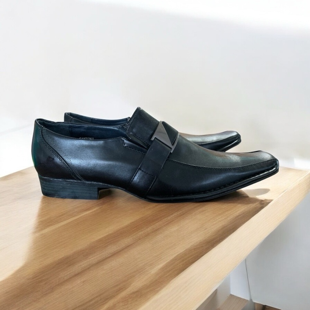 Santoni Men Black Dress Shoes Casual Loafers Slip on Buckle Italian Styles Sz 12